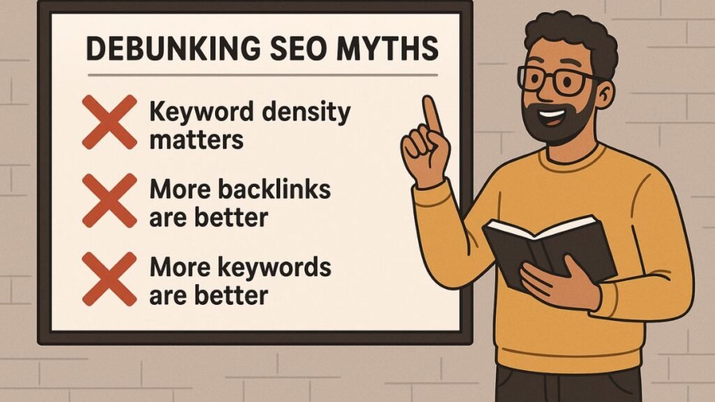 5 Dicas de SEO para Iniciantes: Comece a Rankear Hoje! 7 Uma cena de desmistificação com um personagem desbancando mitos de SEO, como 'mais palavras-chave são melhores', com um 'X' vermelho sobre eles