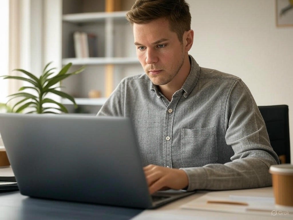 7 Dicas de Produtividade para Freelancers 1 produtividade para freelancers: Um freelancer concentrado trabalhando em um laptop em um ambiente de home office bem organizado, com uma xícara de café e uma planta ao lado.