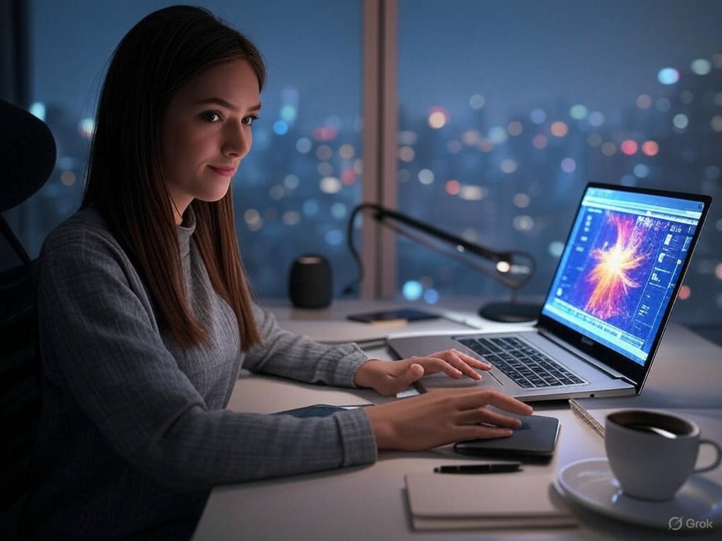 Mulher criando Web Stories em 2025 em um laptop, em um escritório futurista com vista para uma cidade de 2025.