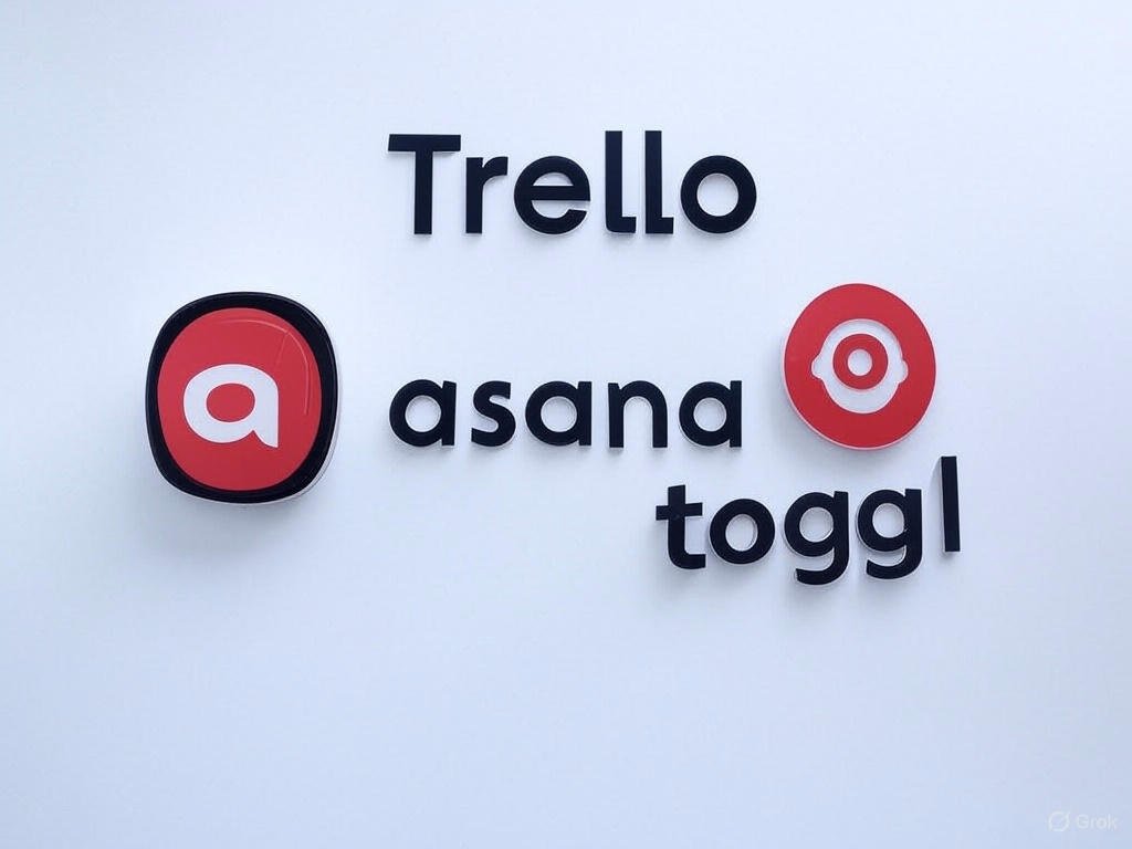 7 Dicas de Produtividade para Freelancers 2 produtividade para freelancers Logotipos de ferramentas de produtividade como Trello, Asana e Toggl dispostos em um fundo claro.